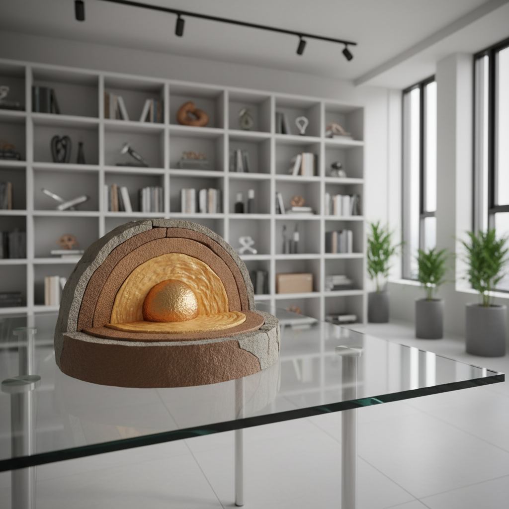 An elegantly rendered cross-section of layered earth showcasing the inner core, outer core, mantle, and crust, with each layer made from finely-textured materials in neutral, muted tones. The diagram is displayed on a glass table with minimalist chrome supports, set within a bright, clean study room that features sharp, architectural lines and structured shelving in the background. Soft studio lighting evenly illuminates the earth's layers, enhancing low-relief shadows that define each stratum. The image is shot from a slightly elevated angle, allowing for clear visibility of each section, with the composition making use of the rule of thirds to draw attention to the subject. The overall feeling is analytical and authoritative, perfectly suited for an educational site on natural disasters, rendered in a clean, photographic style.