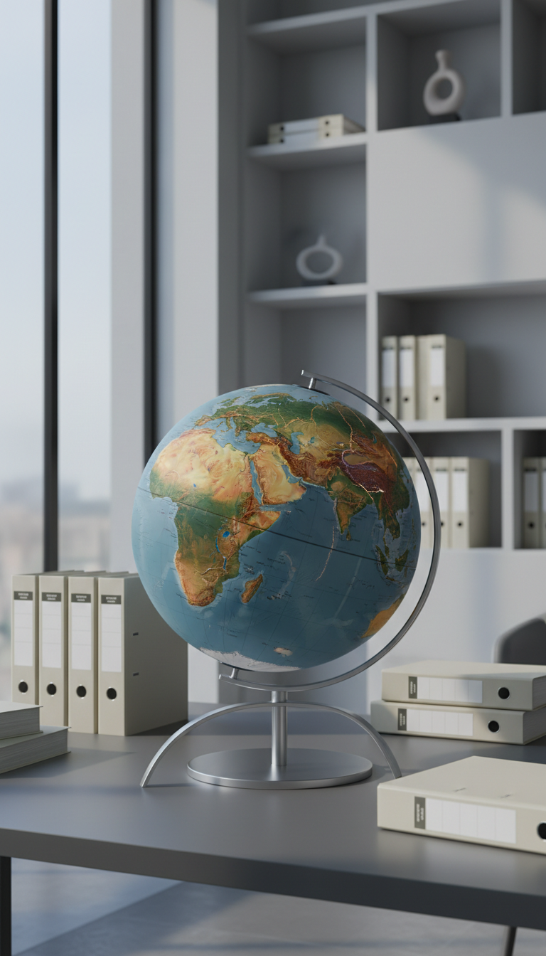 A meticulously detailed globe resting on a minimalist brushed metal stand, highlighting tectonic fault lines and various climate zones with subtle, raised topographical features. The globe sits on a sleek, structured desk surface with a matte finish, surrounded by tidy stacks of neutral-toned educational binders. The environment is a well-organized, modern workspace with crisp, clean lines. Soft, cool diffused daylight enters from a nearby frosted glass window, casting gentle shadows and subtle highlights on the globe's surface. Captured from an eye-level, centered perspective, with sharp focus across the scene, the composition is balanced and uncluttered, conveying a professional, informative, and approachable mood, in a photographic realism style that supports the educational focus on natural disasters worldwide.