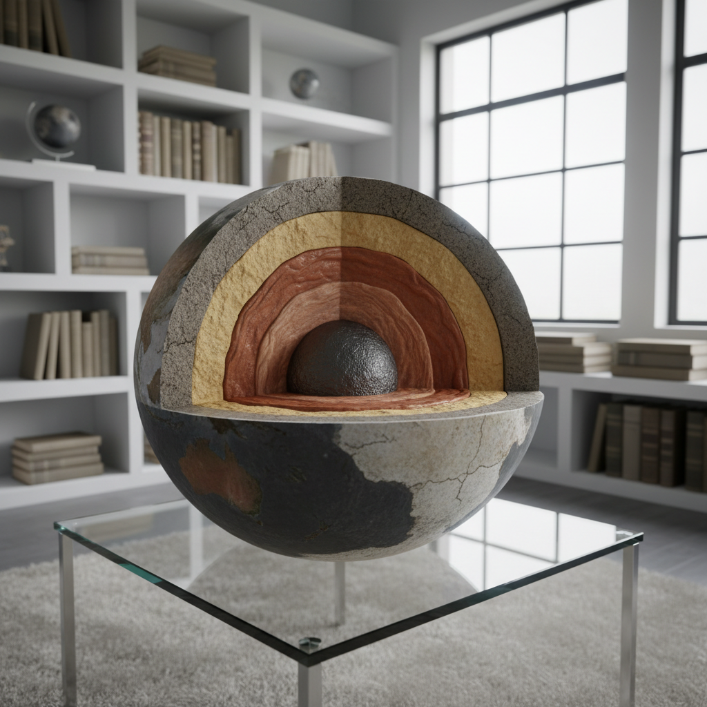 An elegantly rendered cross-section of layered earth showcasing the inner core, outer core, mantle, and crust, with each layer made from finely-textured materials in neutral, muted tones. The diagram is displayed on a glass table with minimalist chrome supports, set within a bright, clean study room that features sharp, architectural lines and structured shelving in the background. Soft studio lighting evenly illuminates the earth's layers, enhancing low-relief shadows that define each stratum. The image is shot from a slightly elevated angle, allowing for clear visibility of each section, with the composition making use of the rule of thirds to draw attention to the subject. The overall feeling is analytical and authoritative, perfectly suited for an educational site on natural disasters, rendered in a clean, photographic style.