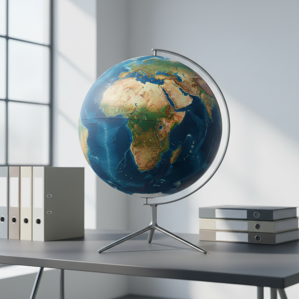 A meticulously detailed globe resting on a minimalist brushed metal stand, highlighting tectonic fault lines and various climate zones with subtle, raised topographical features. The globe sits on a sleek, structured desk surface with a matte finish, surrounded by tidy stacks of neutral-toned educational binders. The environment is a well-organized, modern workspace with crisp, clean lines. Soft, cool diffused daylight enters from a nearby frosted glass window, casting gentle shadows and subtle highlights on the globe's surface. Captured from an eye-level, centered perspective, with sharp focus across the scene, the composition is balanced and uncluttered, conveying a professional, informative, and approachable mood, in a photographic realism style that supports the educational focus on natural disasters worldwide.