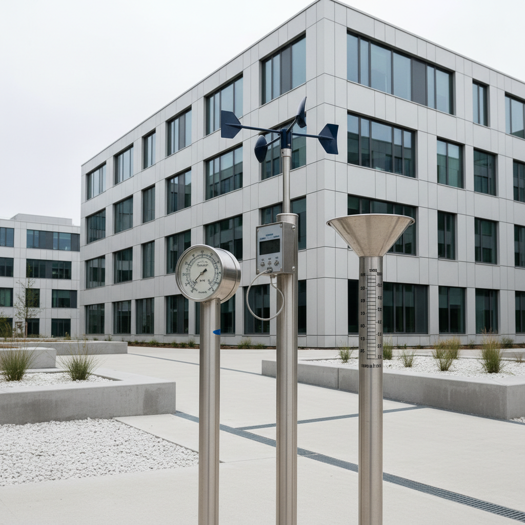 A finely detailed weather monitoring station placed against a backdrop of an architecturally modern building facade with sleek, neutral-toned cladding. The station features precision metallic instruments: a barometer, anemometer, and rain gauge, each with clean, brushed finishes and clearly marked measurements. The setting is uncluttered, with a structured path and minimalist landscaping nearby, all echoing the clean corporate environment. Overcast daylight softly illuminates the instruments, creating diffused shadows and gentle reflections that enhance the textures. The camera captures the instruments from a slightly oblique, eye-level viewpoint, using a balanced composition. The mood is orderly and contemplative, supporting the site's educational mission with a distinctly photographic, clean, and professional style.