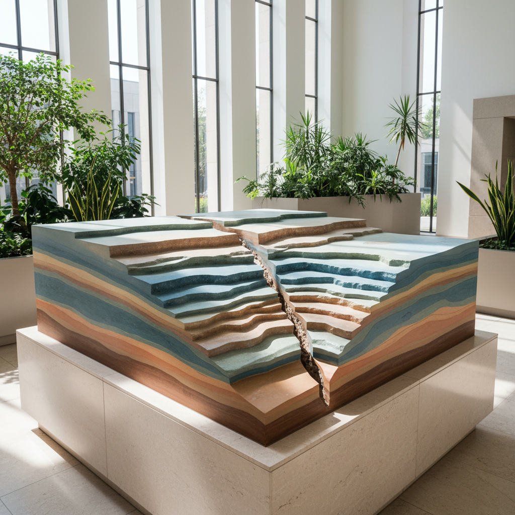 An intricate, high-resolution photograph of a scaled geological model showing a simulated fault line with offset strata and color-coded layers, constructed from smooth composites with subtle matte textures. The model sits on a refined, minimalist plinth of pale stone in an open, sunlit atrium with tall vertical windows and geometric planter arrangements in the background. Natural daylight streams through the windows, casting quiet, well-defined linear shadows and crisp highlights across the model's surface. Shot from a low, diagonal angle to emphasize depth and structure, the composition leverages negative space and strong visual lines, resulting in a dynamic yet controlled mood, echoing scientific rigor and professionalism in a photographic realism style.